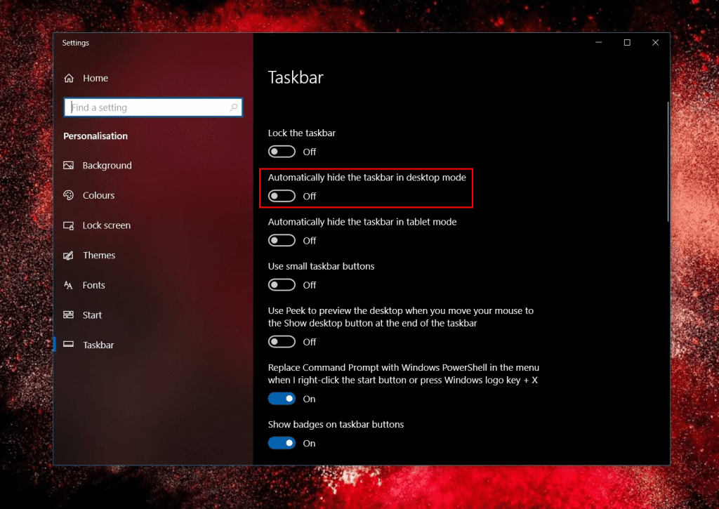 Chuyển mục “Automatically hide the taskbar in desktop mode” sang chế độ “ON”.